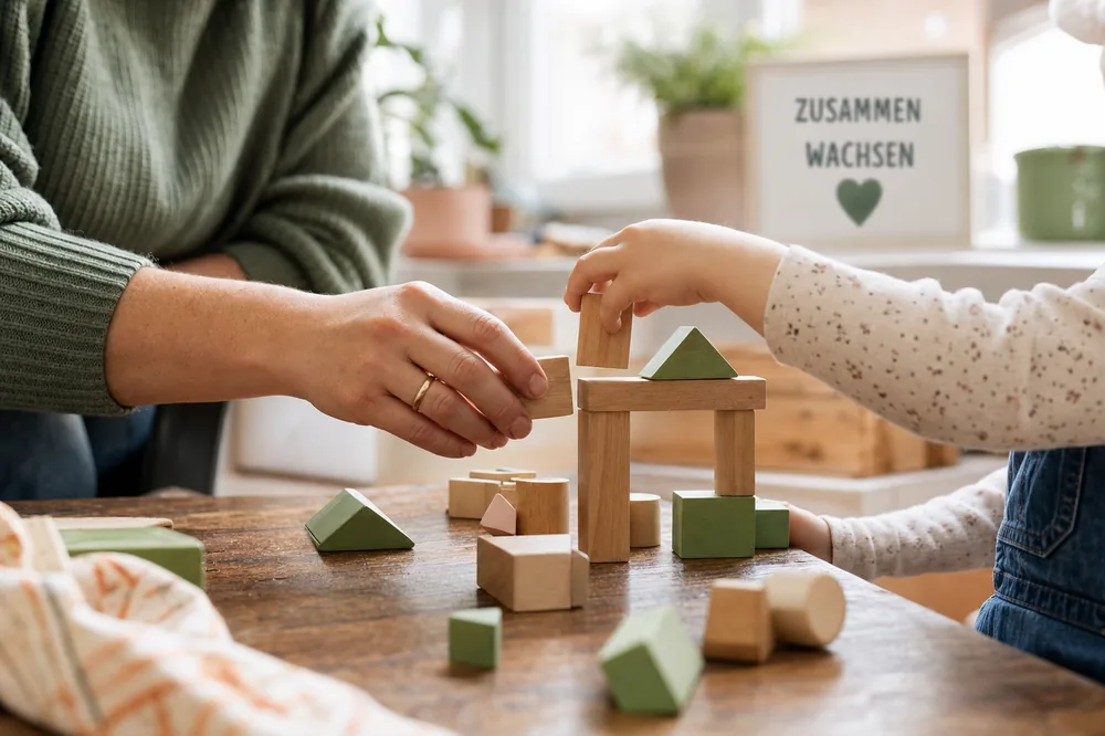 Hände einer erwachsenen Person und eines Kindes bauen gemeinsam mit Holzbausteinen an einem Tisch