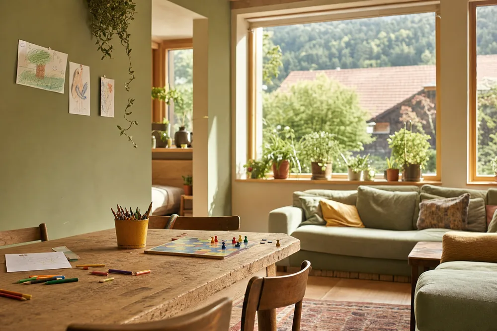 Helles, wohnliches Gemeinschaftszimmer einer Wohngruppe mit Holztisch, Sofa und Kinderzeichnungen an der Wand